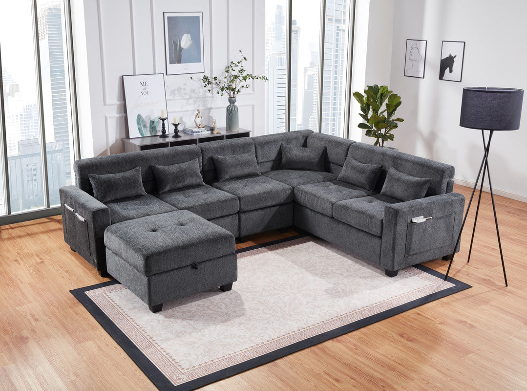 Trey Gray 115"W Chenille Sectional Sofa with Ottoman