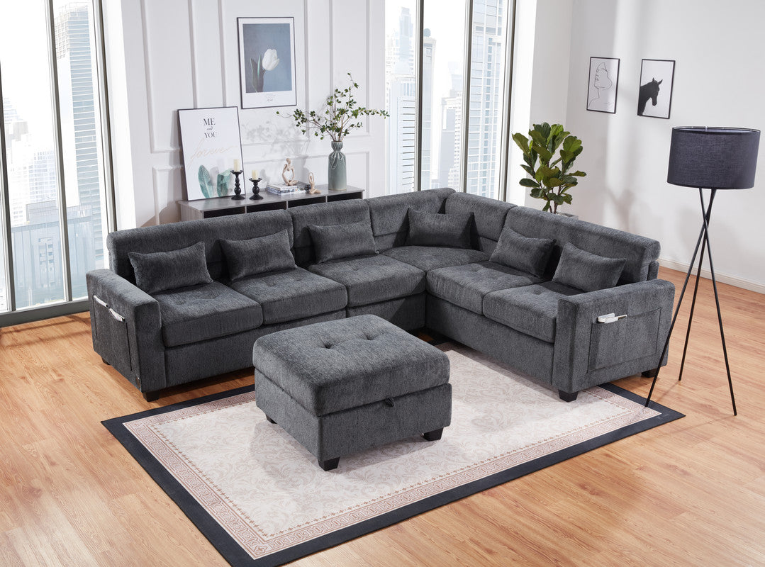 Trey Gray 115"W Chenille Sectional Sofa with Ottoman