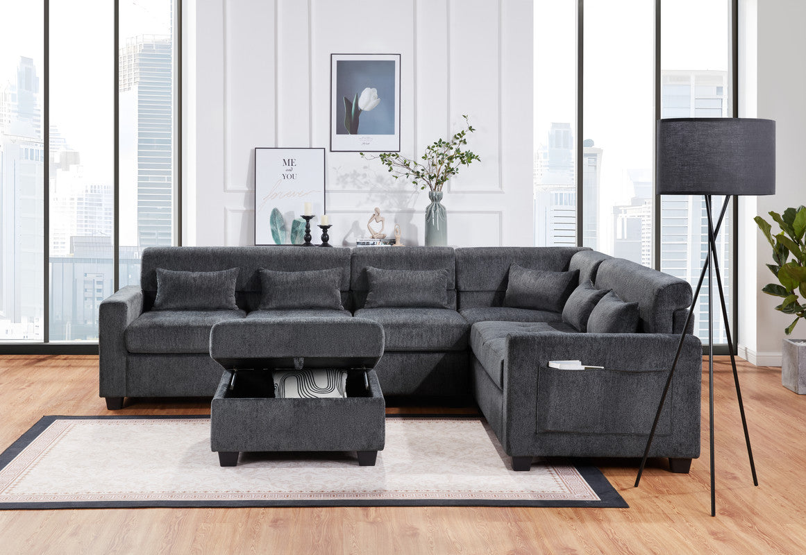 Trey Gray 115"W Chenille Sectional Sofa with Ottoman