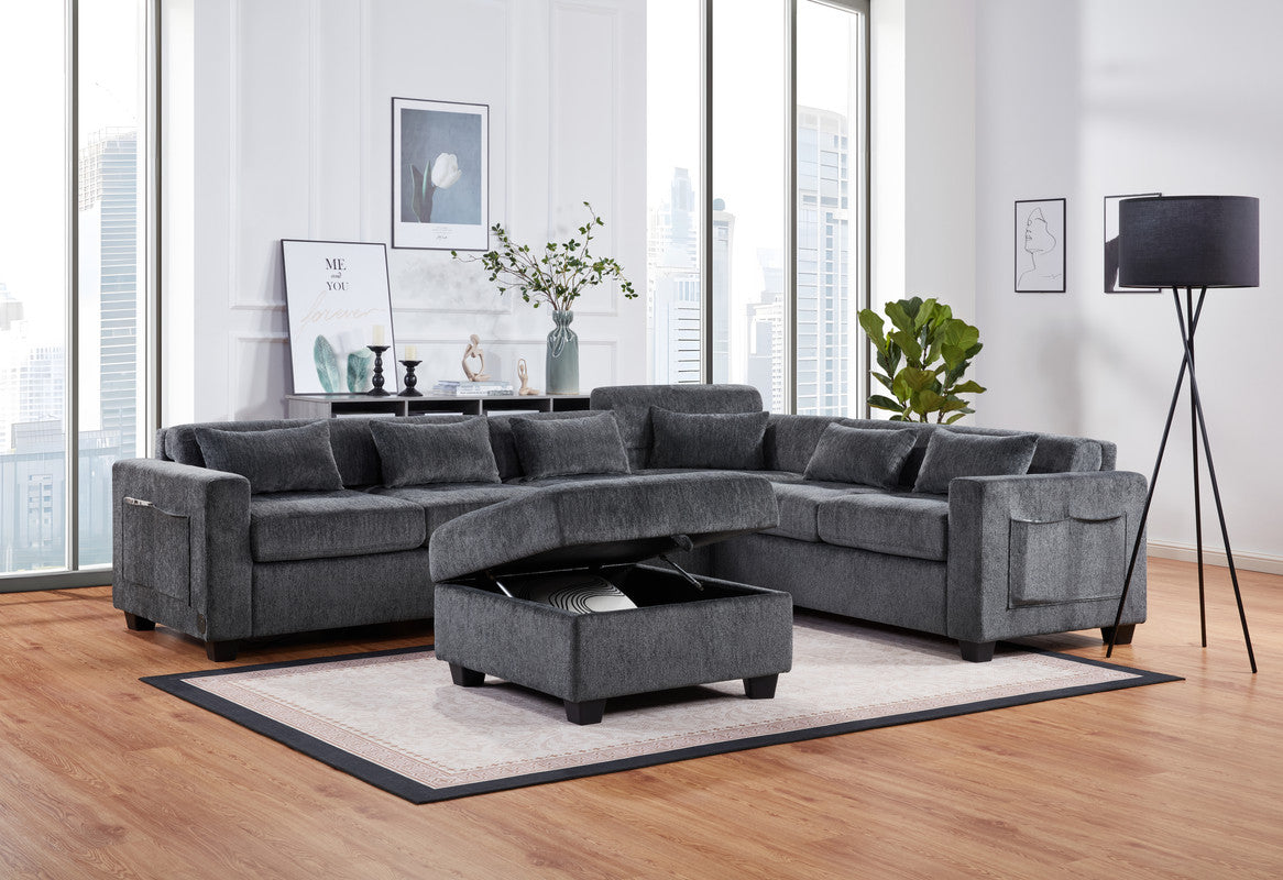 Trey Gray 115"W Chenille Sectional Sofa with Ottoman