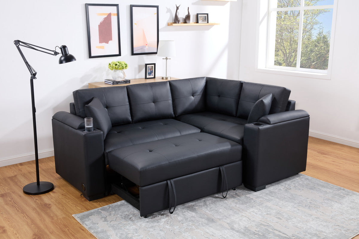 Donovan Black 84.5"W PU Leather Sleeper Sectional Sofa