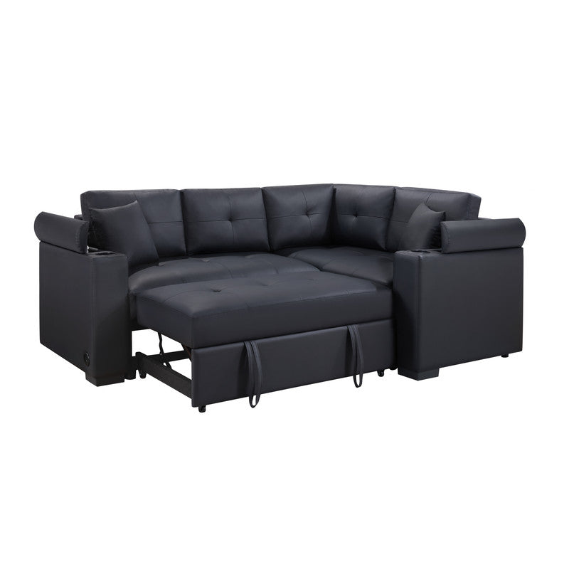 Donovan Black 84.5"W PU Leather Sleeper Sectional Sofa