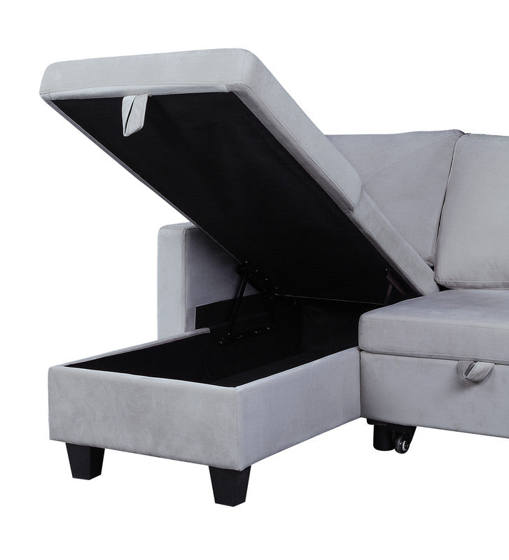 Nova Light Gray 82.5"W Velvet Reversible Sleeper Sectional Sofa with Storage Chaise