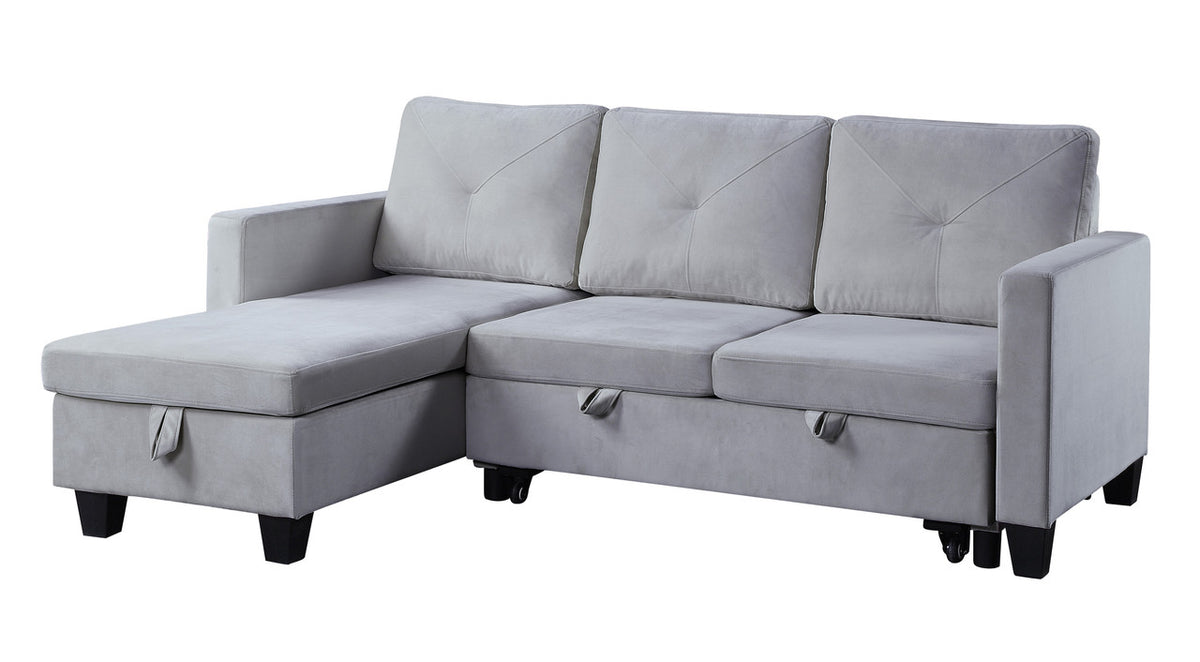 Nova Light Gray 82.5"W Velvet Reversible Sleeper Sectional Sofa with Storage Chaise