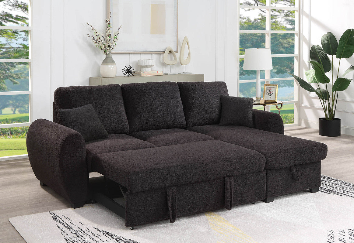 Veronica Black 95"W Teddy Fleece Reversible Sleeper Sectional Sofa with Storage Chaise