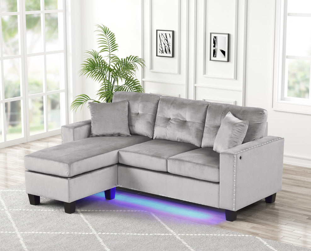 Sorenza Gray 74"W Velvet Reversible Sectional Sofa with Chaise