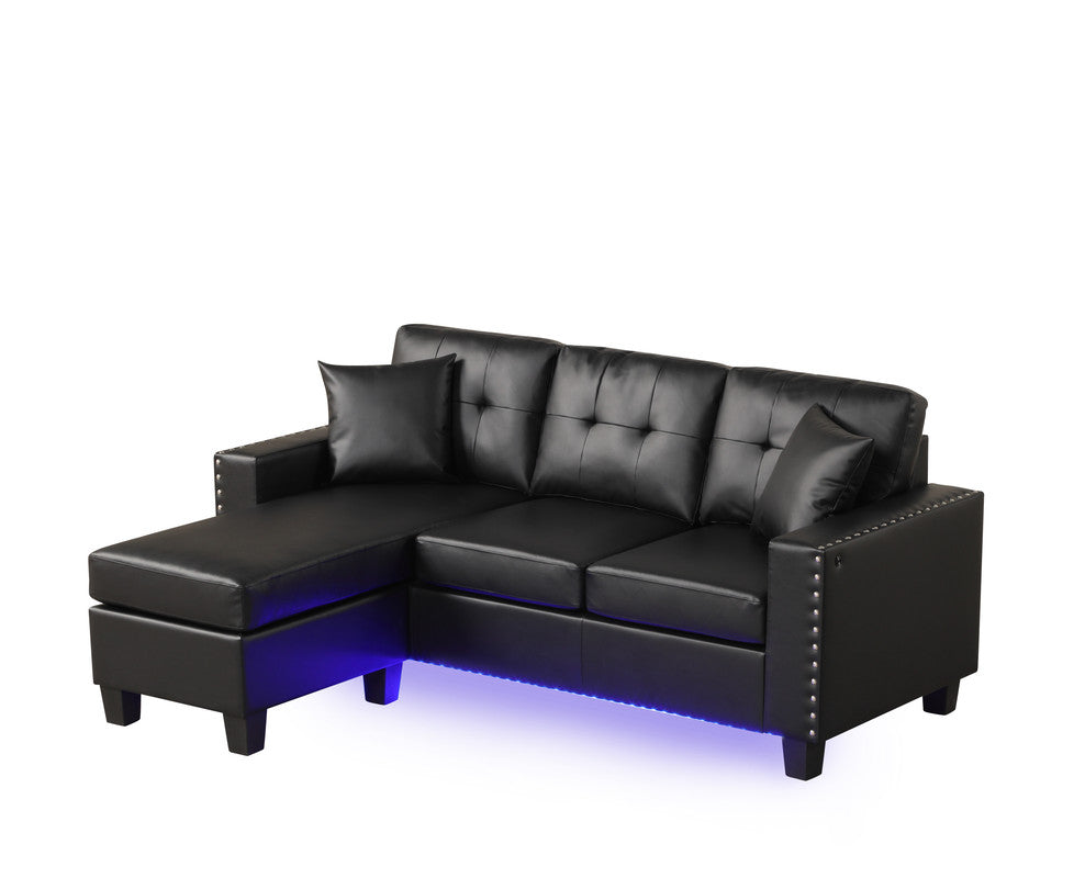 Sorenza Black 74"W PVC Reversible Sectional Sofa with Chaise