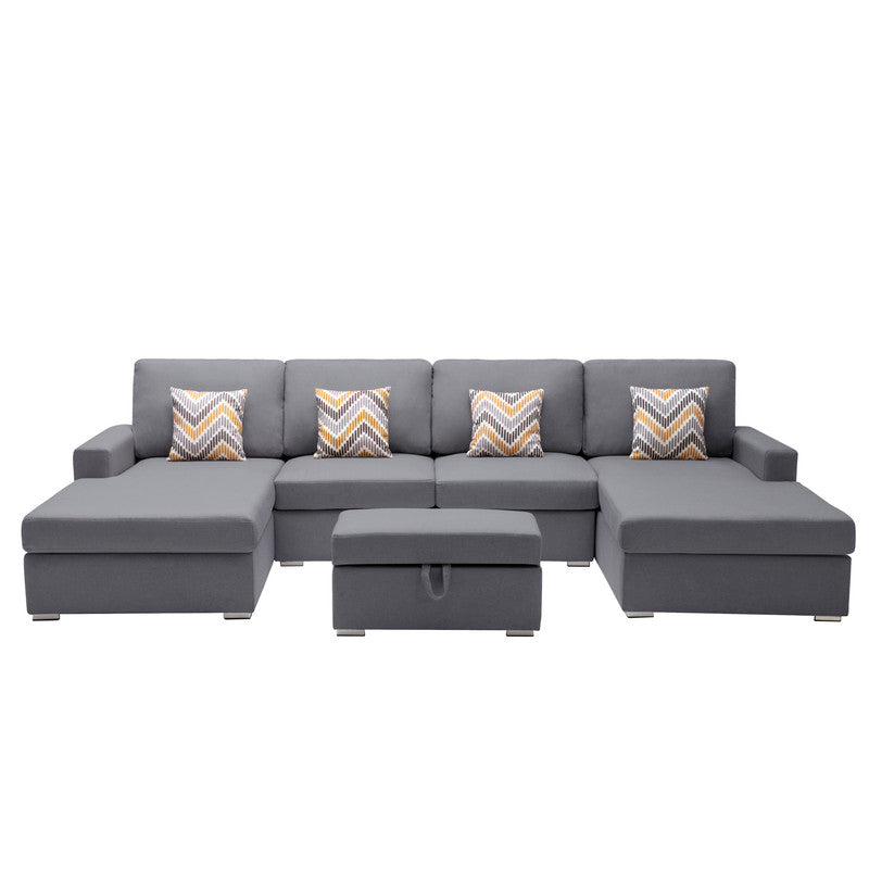 Nolan Gray 124"W Linen Double Chaise Sectional Sofa with Ottoman