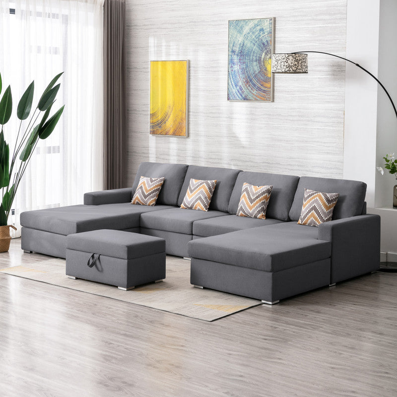 Nolan Gray 124"W Linen Double Chaise Sectional Sofa with Ottoman