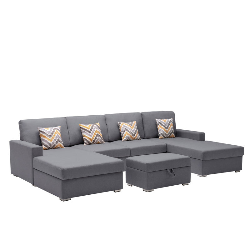 Nolan Gray 124"W Linen Double Chaise Sectional Sofa with Ottoman