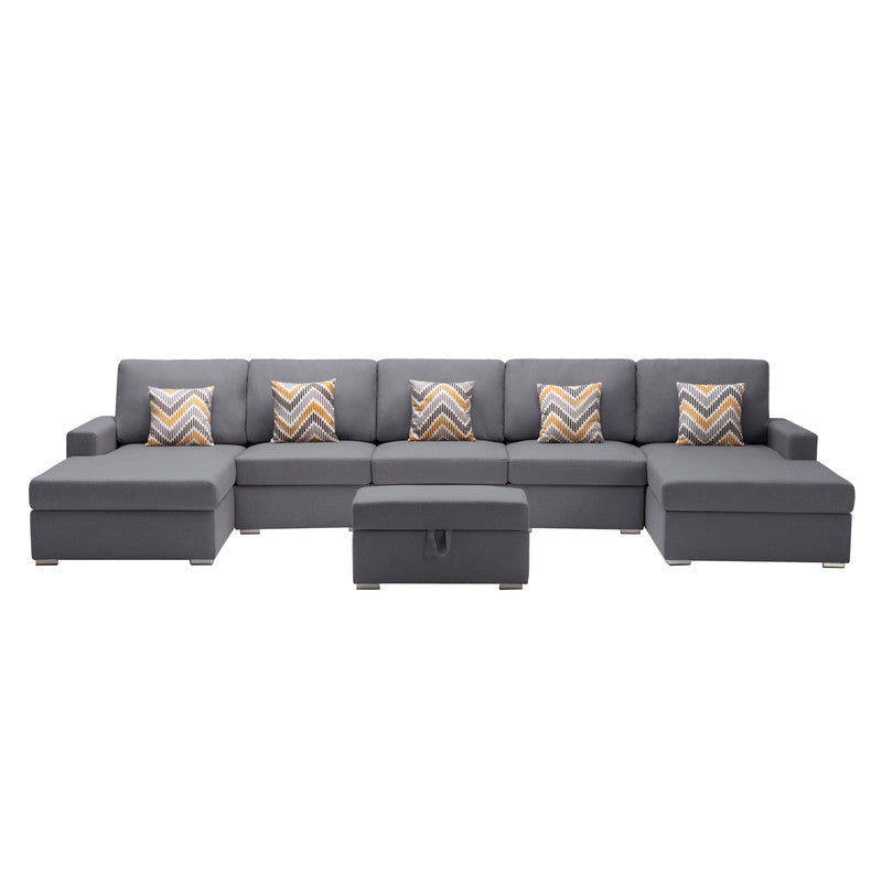 Nolan Gray 152"W Linen Double Chaise Sectional Sofa with Ottoman