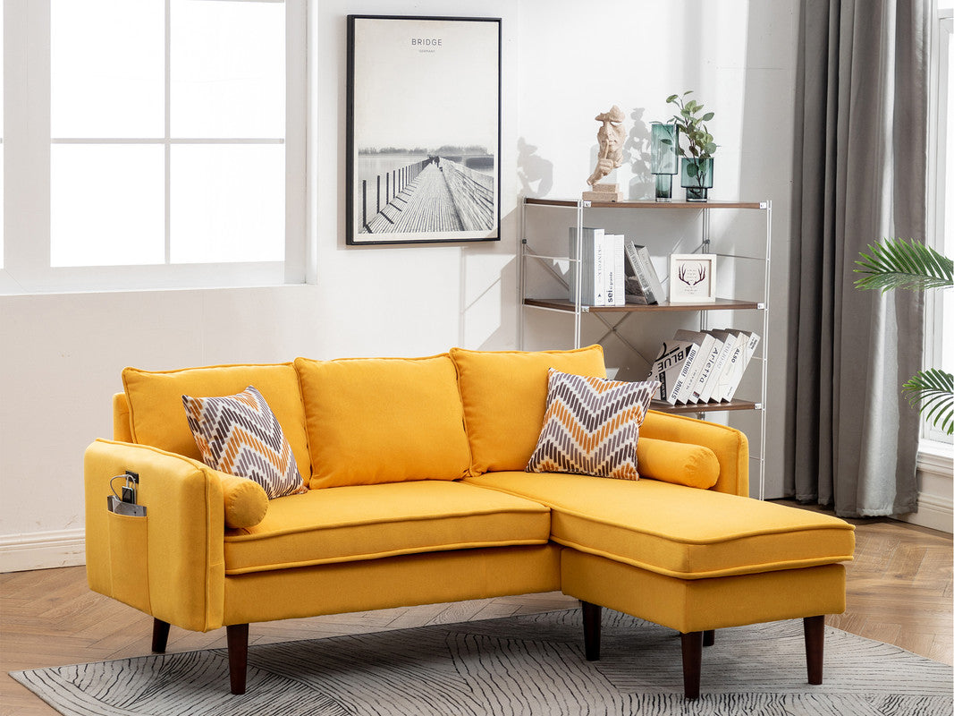 Mia Yellow 70"W Linen Reversible Sectional Sofa with Chaise