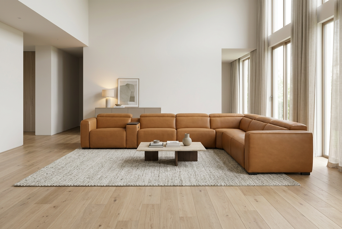 Rally Pro Caramel 7-Piece L-Shaped Dual Power Reclining Sectional with Console & Immersive Sound System