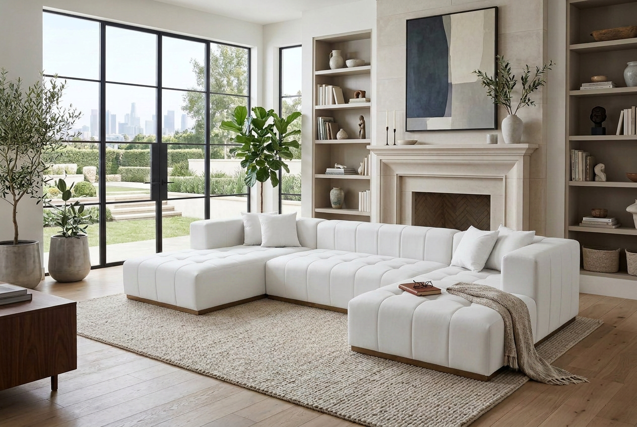 Montecito Ivory Velvet Double Chaise "U" Shape Sectional Sofa - Ornate Home