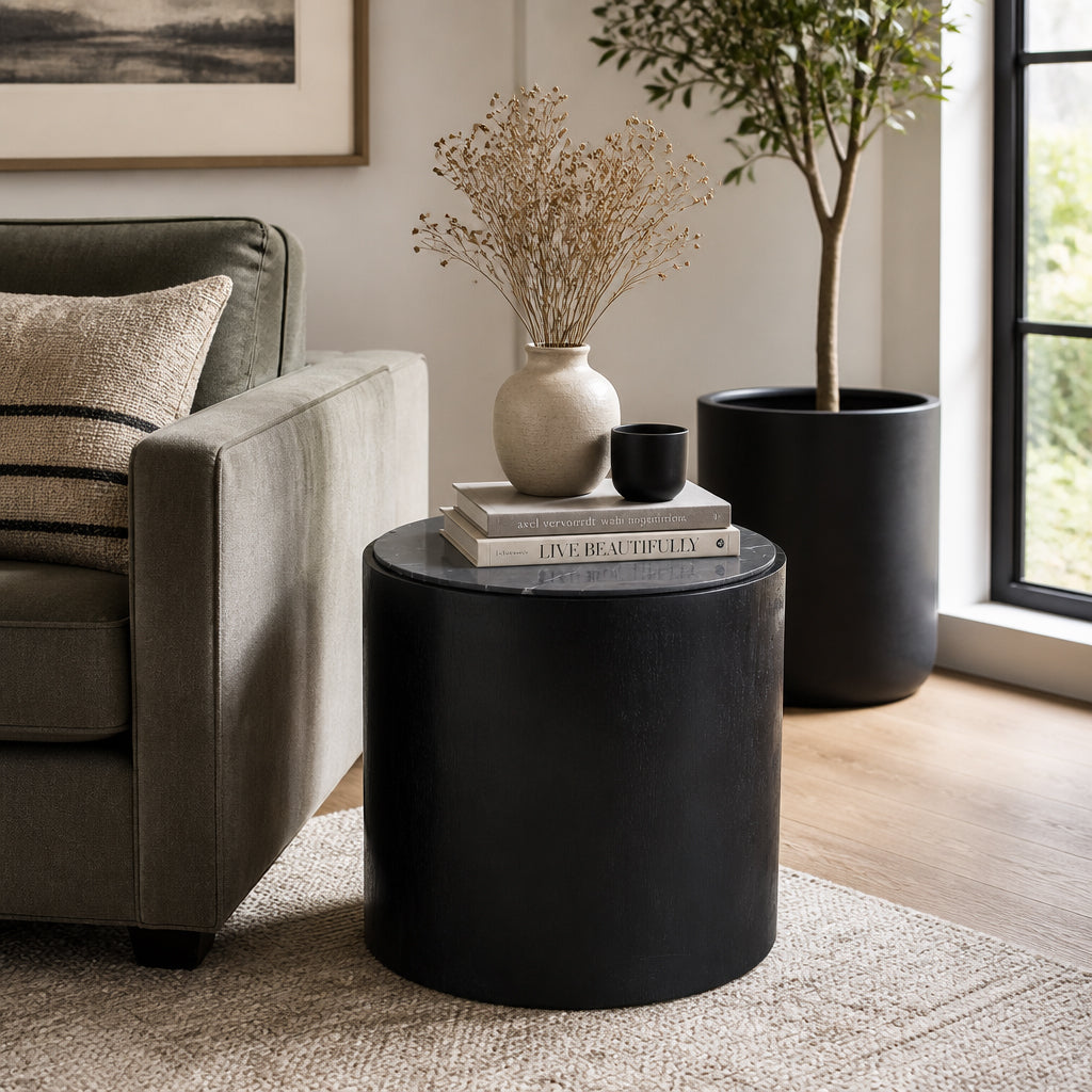 Johnsville Black/White Marble Inlay Round Accent Table
