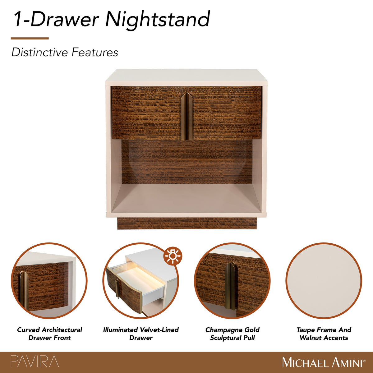 Pavira Walnut 1-Drawer Nightstand with LED Lights