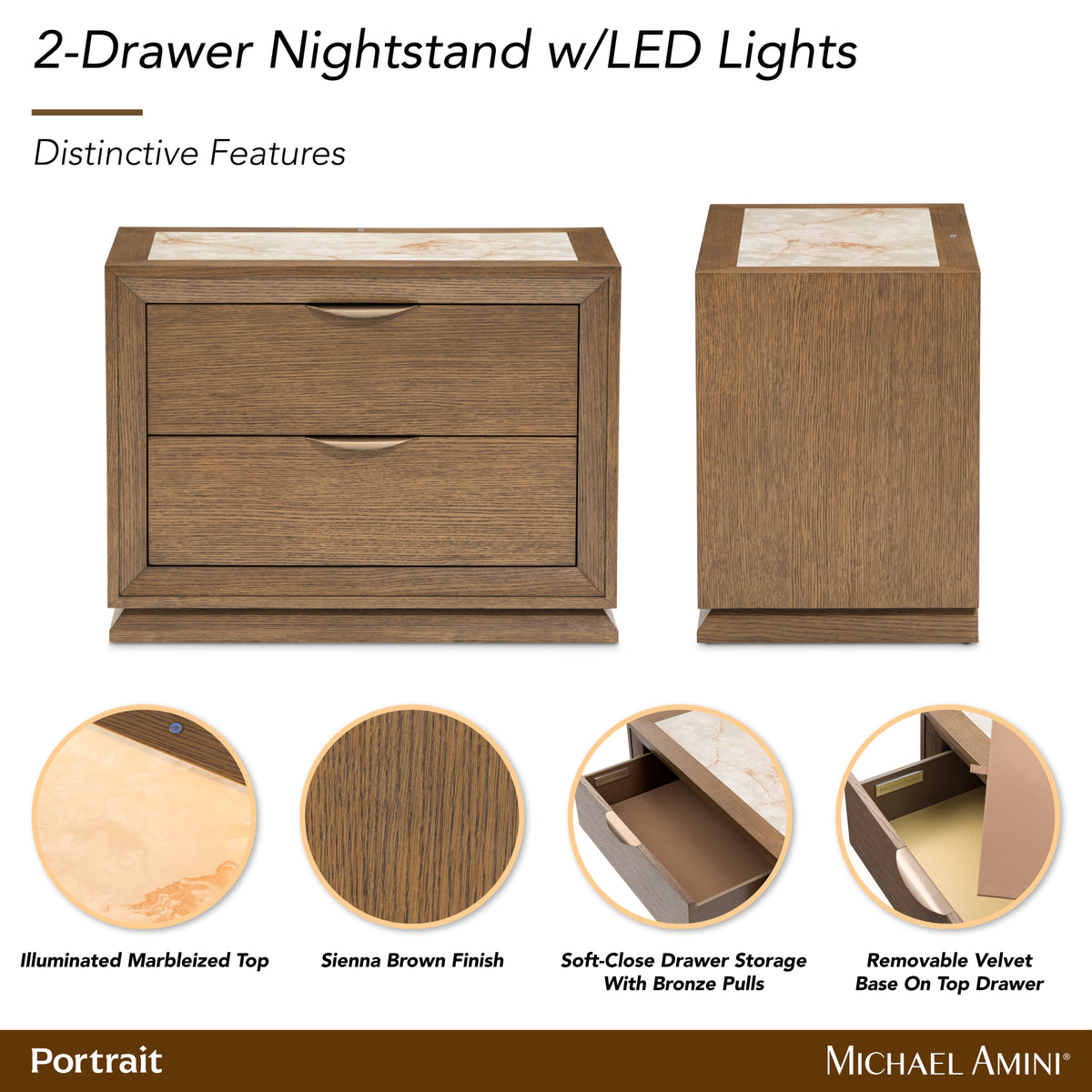 Portrait Sienna Brown 2-Drawer Nightstand with LED Lights