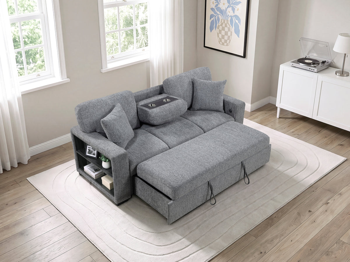 Alcove Gray Sofa With Pull-out Bed Center Drop-down Cup Holders Arms With Shelves And Charging Ports