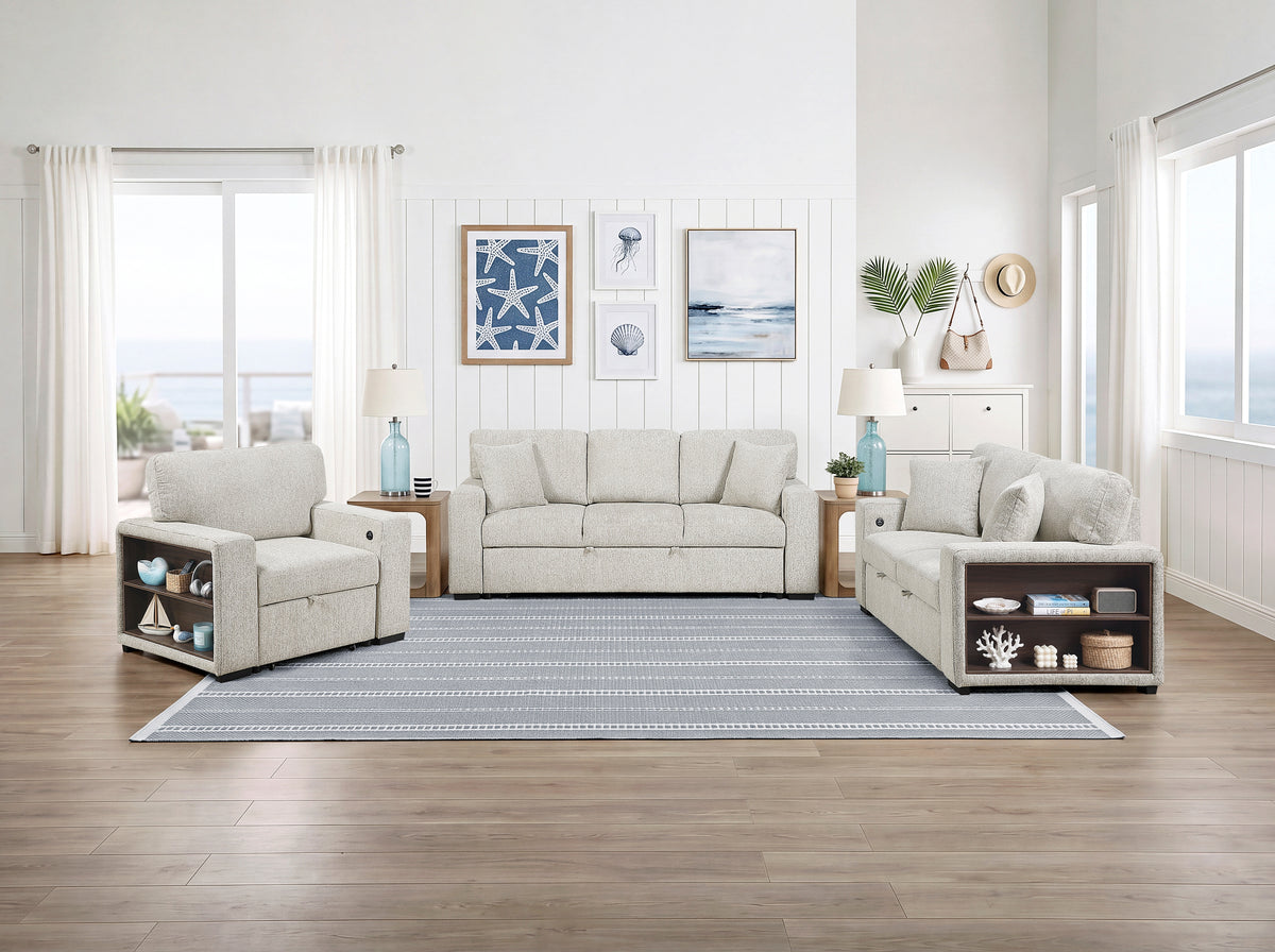 Alcove Silver Chair With Pull-out Ottoman Arms With Shelves And Charging Ports