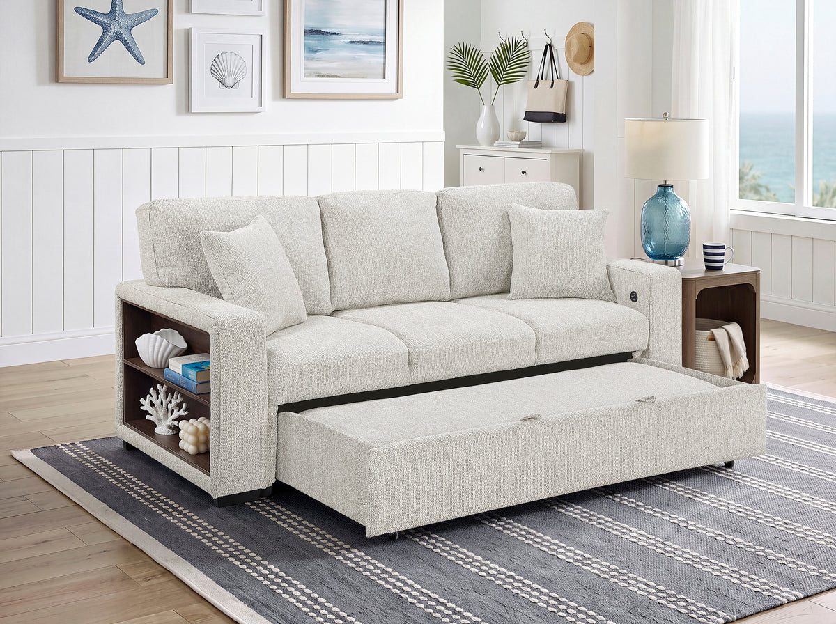 Alcove Silver Sofa With Pull-out Bed Center Drop-down Cup Holders Arms With Shelves And Charging Ports