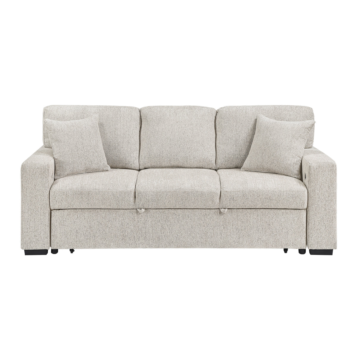 Alcove Silver Sofa With Pull-out Bed Center Drop-down Cup Holders Arms With Shelves And Charging Ports