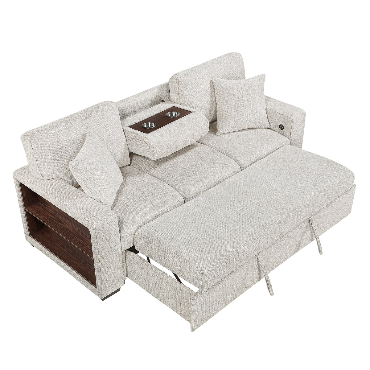 Alcove Silver Sofa With Pull-out Bed Center Drop-down Cup Holders Arms With Shelves And Charging Ports
