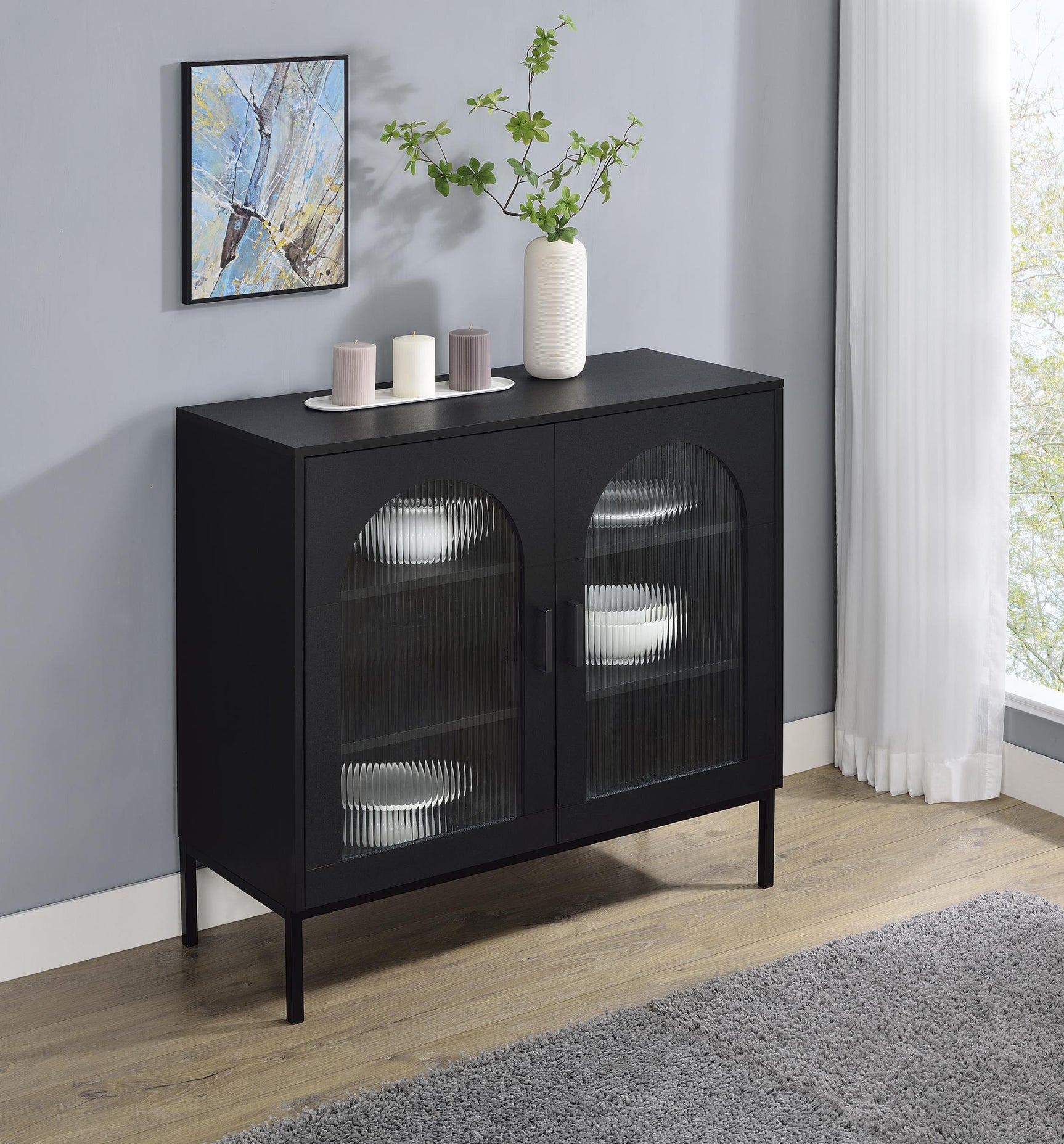 Jess Black 2-door Arched Fluted Glass Accent Cabinet - Ornate Home