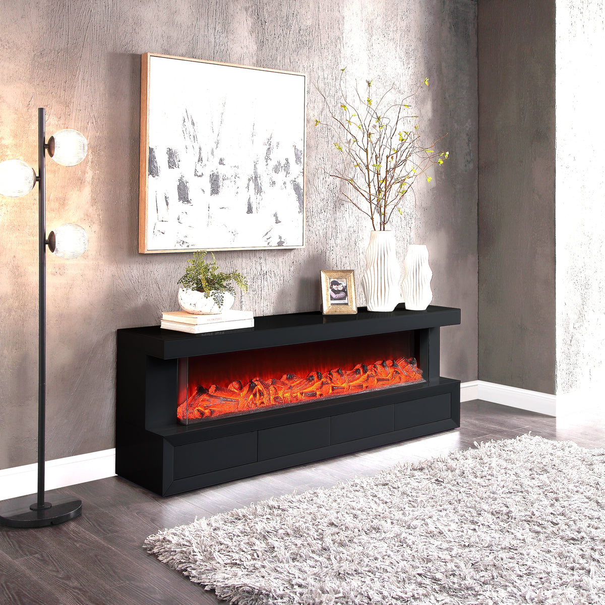 Dorian Black 70.5"W Fireplace TV Stand