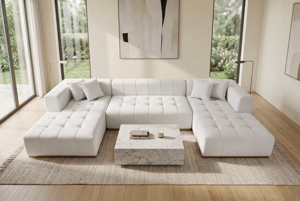 Montecito Ivory Velvet Double Chaise "U" Shape Sectional Sofa - Ornate Home