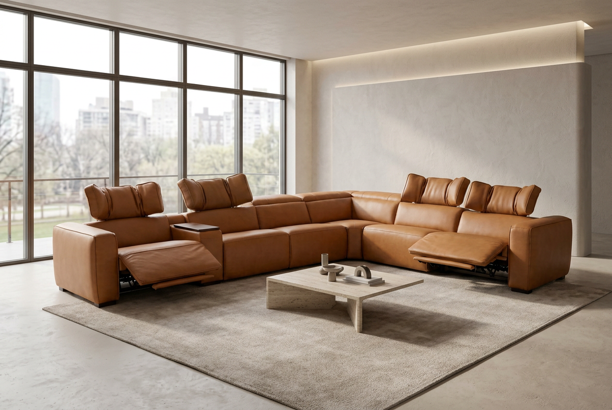 Rally Pro Caramel 7-Piece L-Shaped Dual Power Reclining Sectional with Console & Immersive Sound System