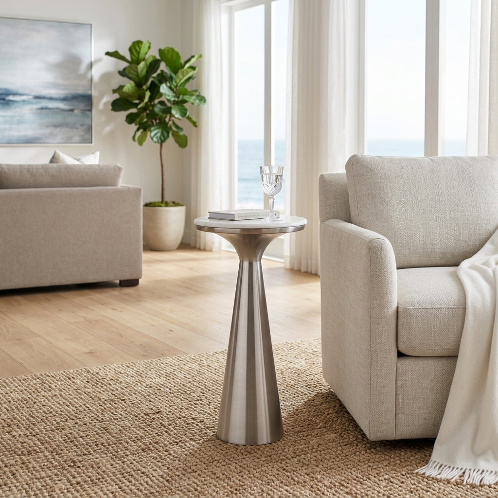 Redcrest White/Silver Tapered Mtal Base and Marble Drnk Table