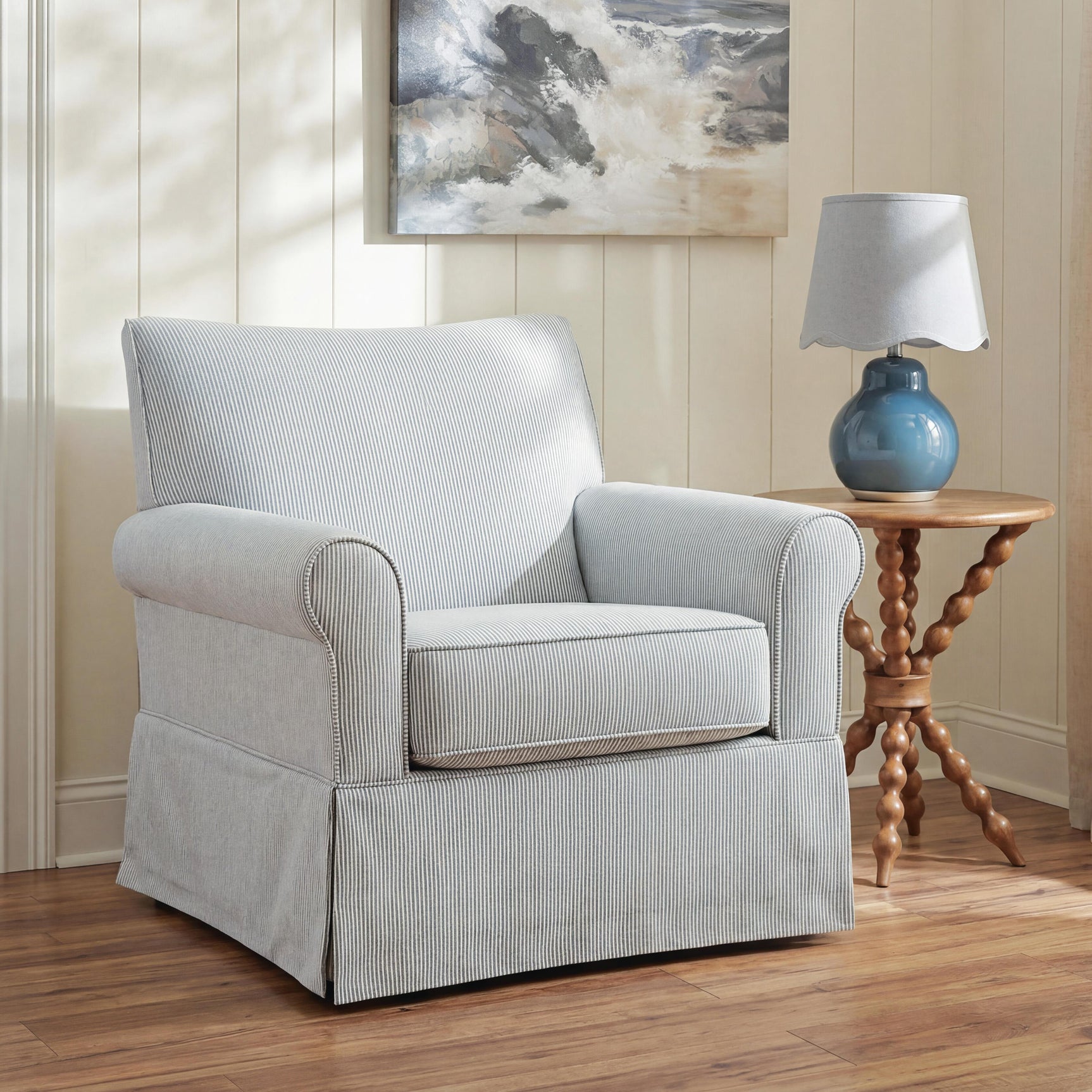 Searcy White/Navy Swivel Glider Accent Chair (Online Special Price)