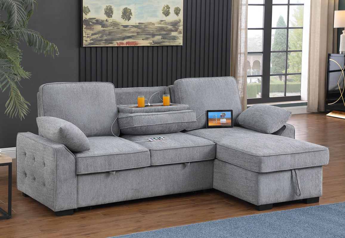 Mackenzie Light Gray 91"W Chenille Reversible Sleeper Sectional Sofa with Storage Chaise