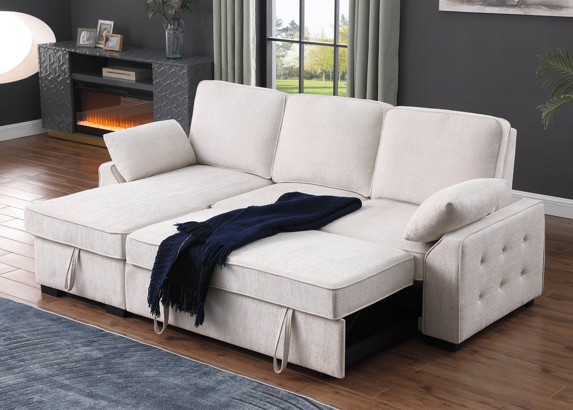 Mackenzie Beige 91"W Chenille Reversible Sleeper Sectional Sofa with Storage Chaise