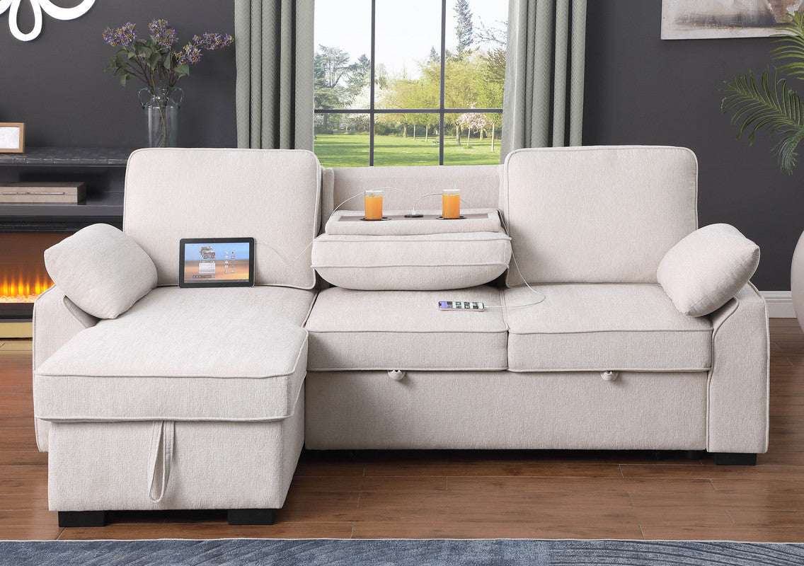 Mackenzie Beige 91"W Chenille Reversible Sleeper Sectional Sofa with Storage Chaise