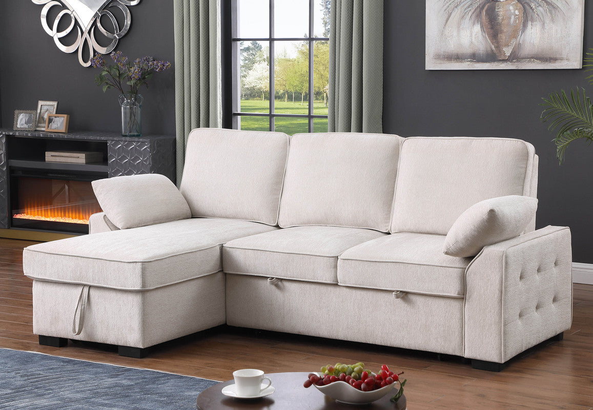 Mackenzie Beige 91"W Chenille Reversible Sleeper Sectional Sofa with Storage Chaise