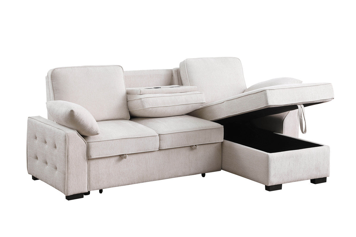 Mackenzie Beige 91"W Chenille Reversible Sleeper Sectional Sofa with Storage Chaise