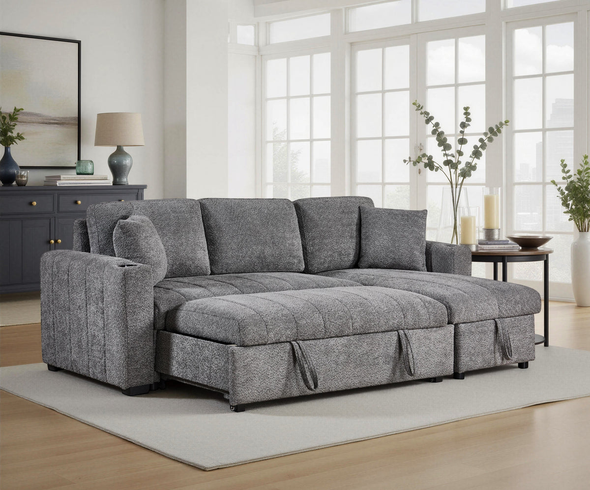 Seraphina II Gray 97"W Boucle Fabric Reversible Sleeper Sectional Sofa with Storage Chaise