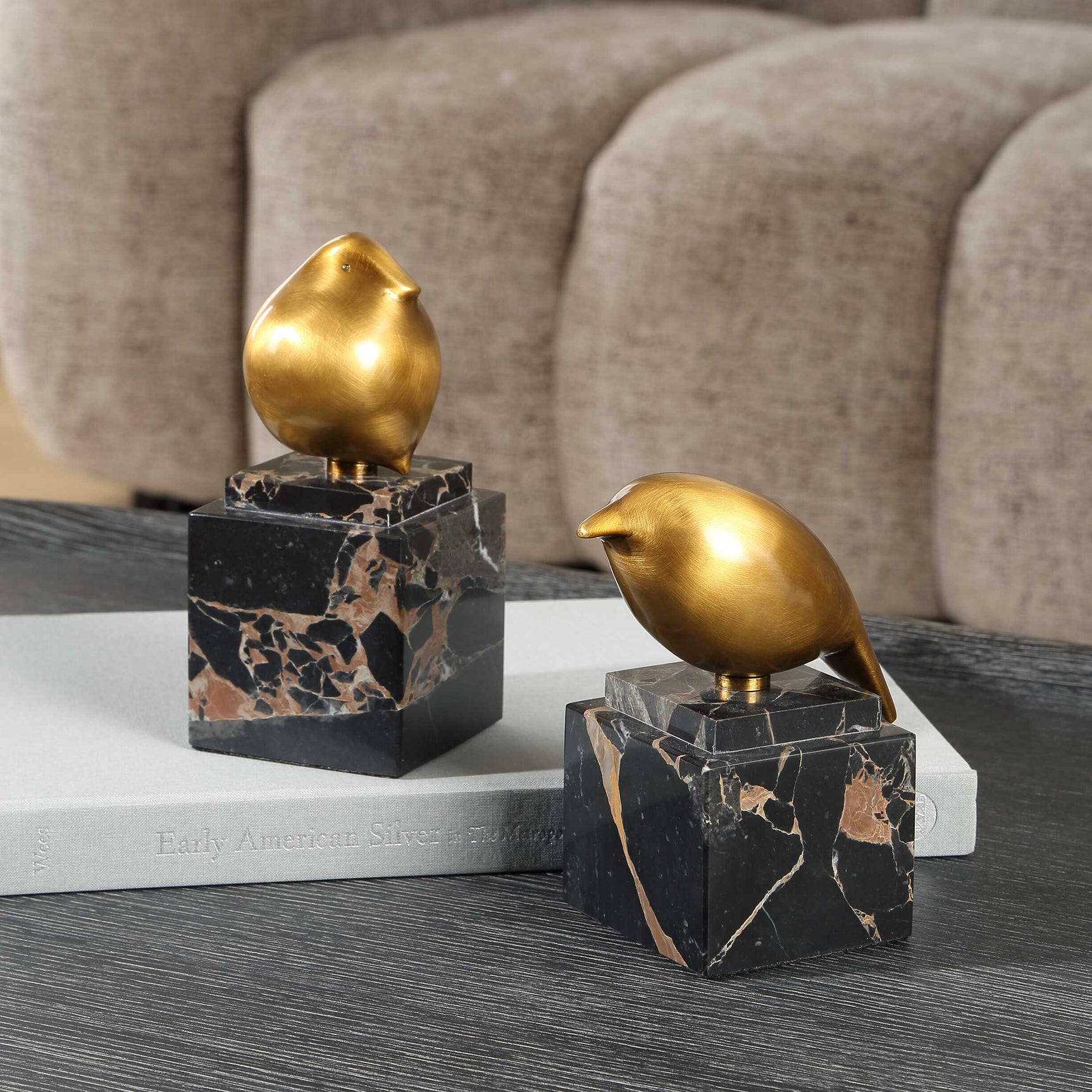 Golden Finch Bird Black/Brass Figurines (Set of 2)