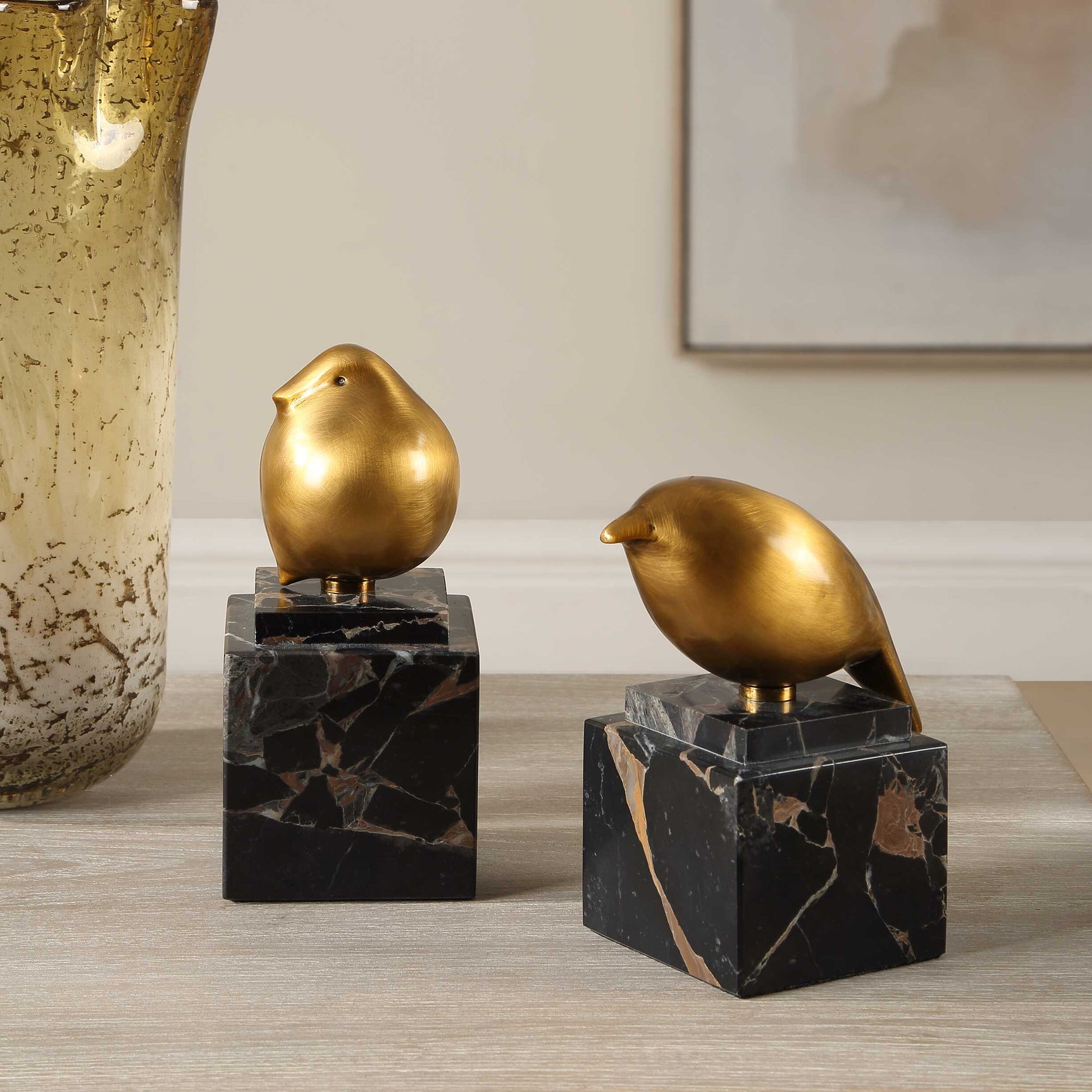 Golden Finch Bird Black/Brass Figurines (Set of 2)
