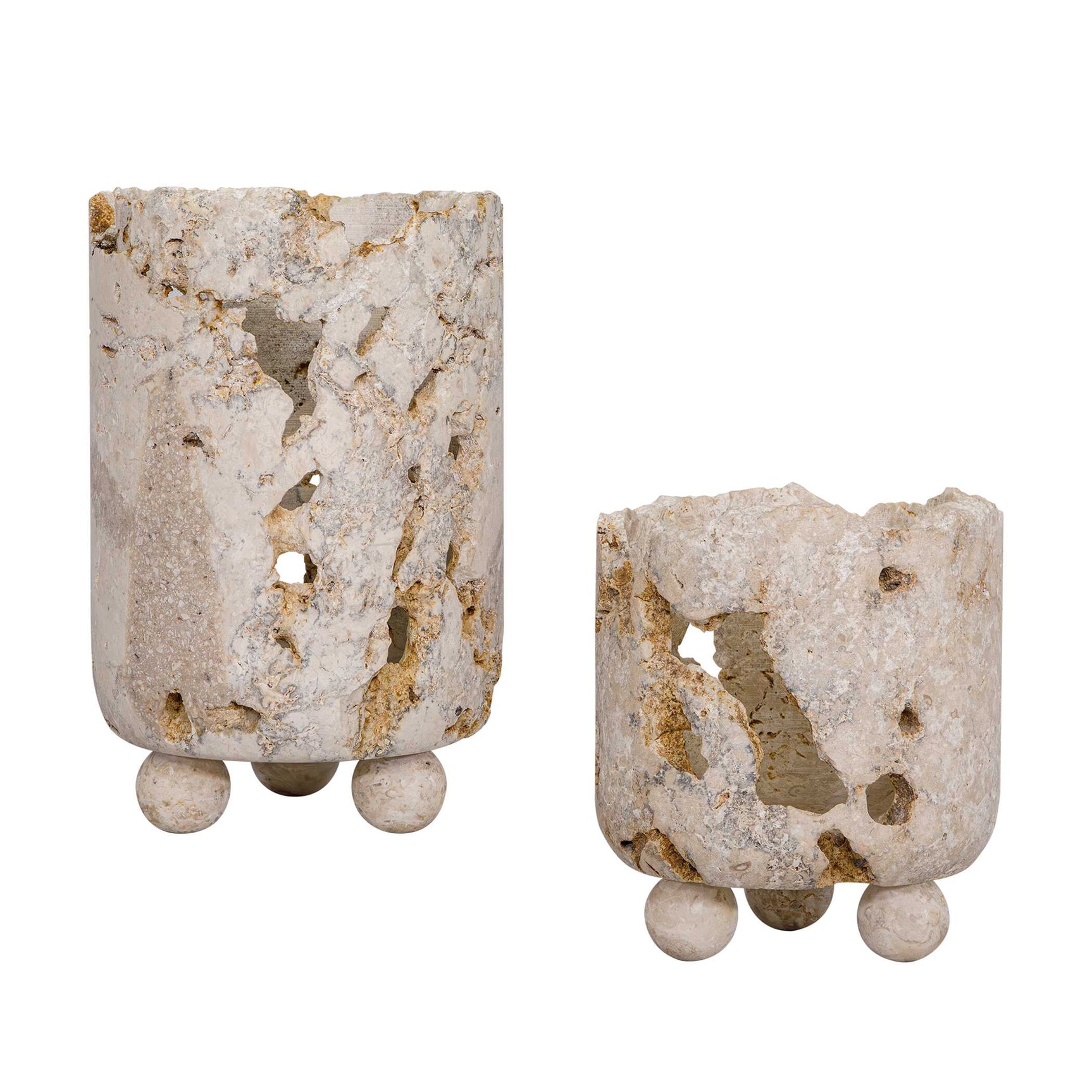 Indoor-Outdoor Quarried Stone Brown/White Candleholders (Set of 2)