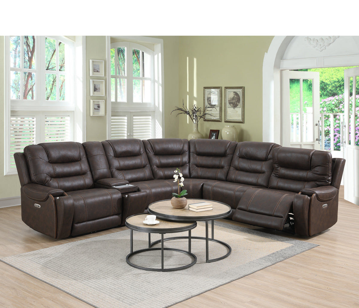 Cedar Brown Fabric 6-Pc Dual Power Reclining Sectional with 2 Power Recliners