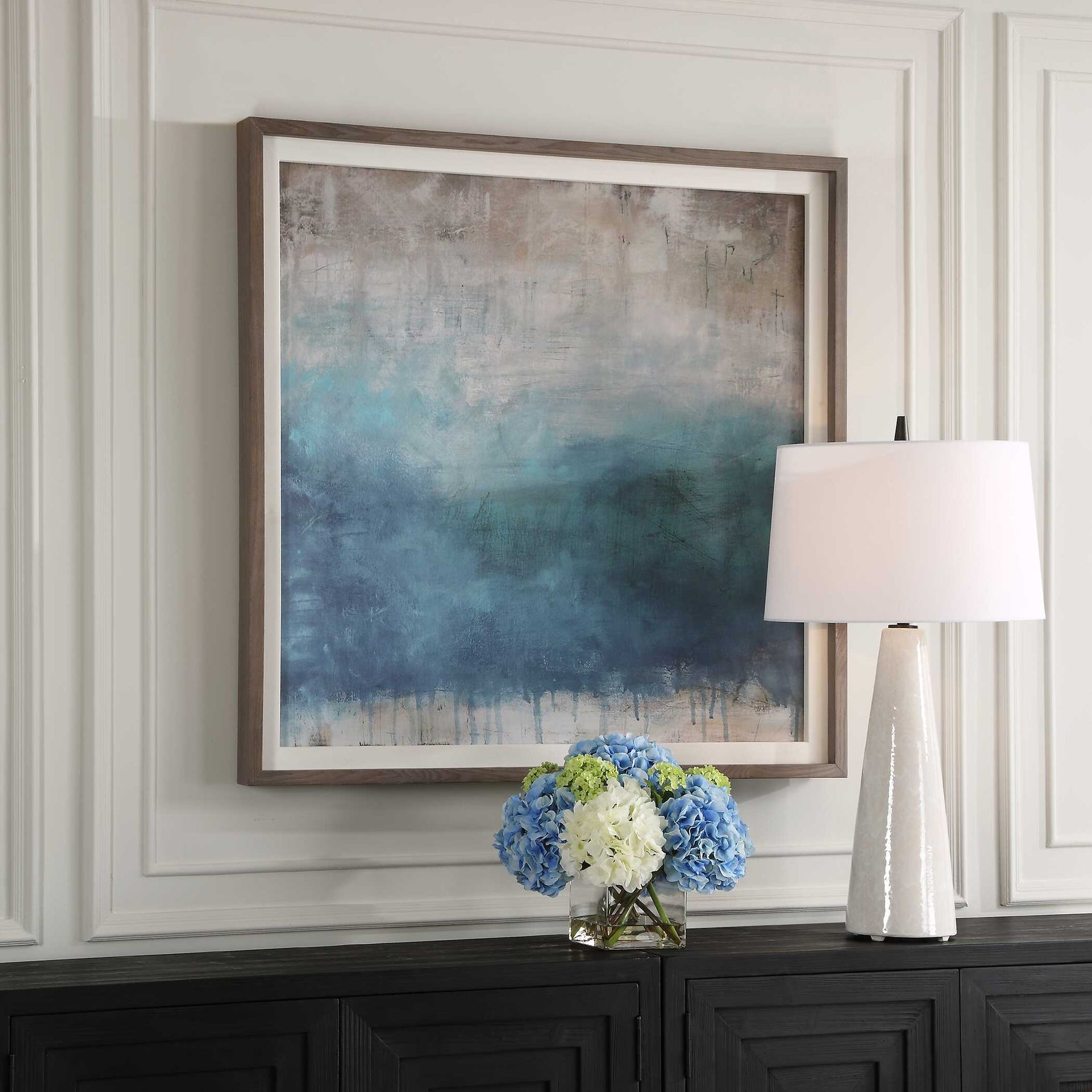 Serenity Paused Blue/Gray/Woodtone Framed Abstract Print