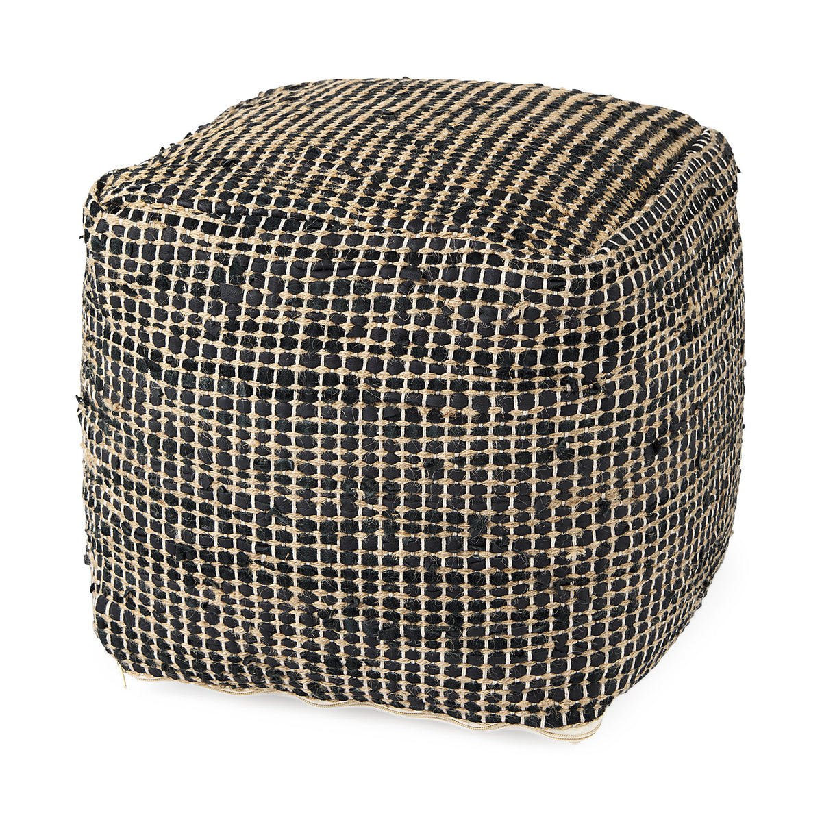 Aalia Charcoal Leather and Jute Pouf - Ornate Home
