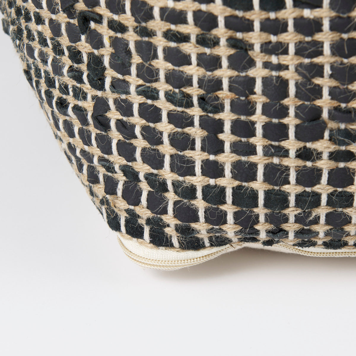 Aalia Charcoal Leather and Jute Pouf - Ornate Home