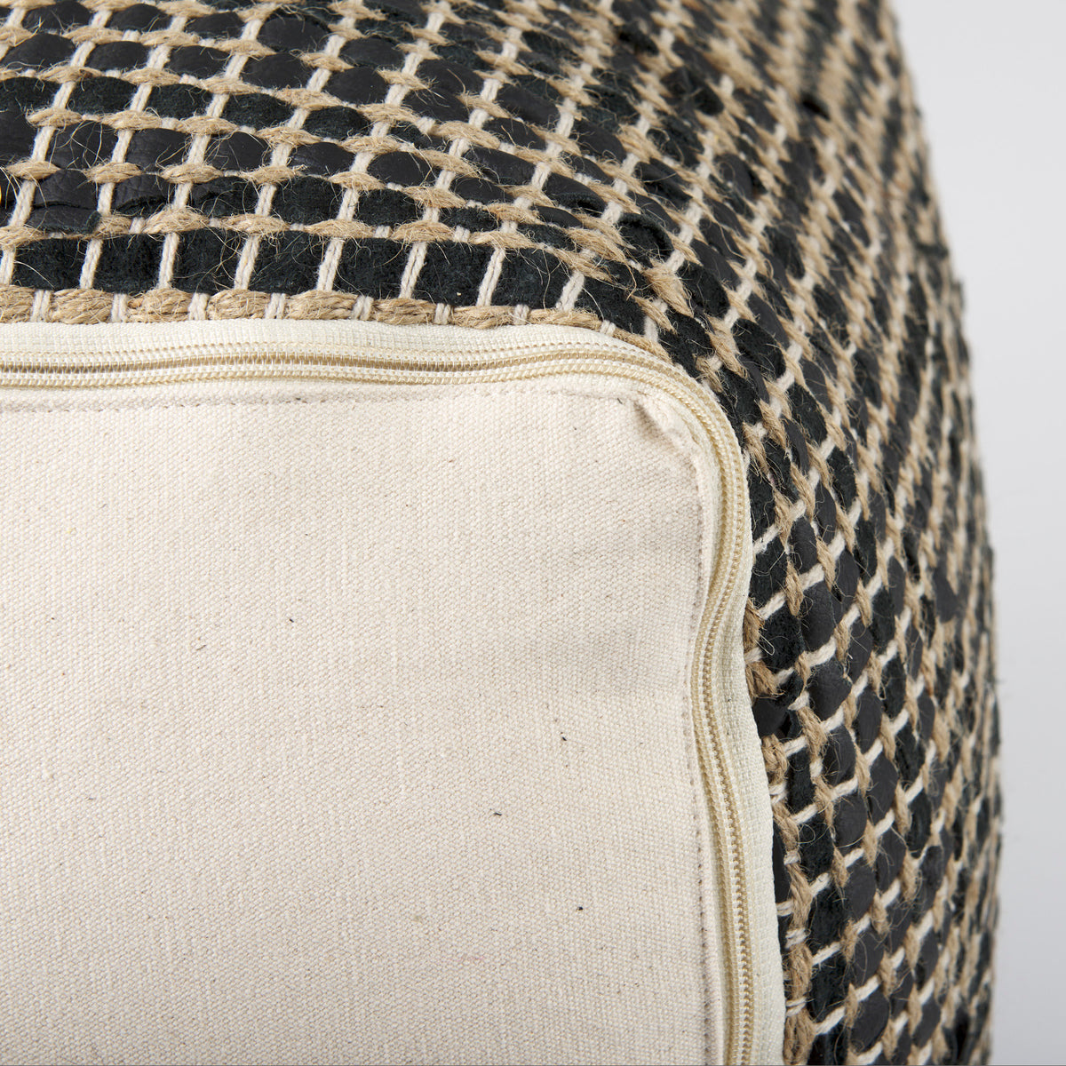 Aalia Charcoal Leather and Jute Pouf - Ornate Home