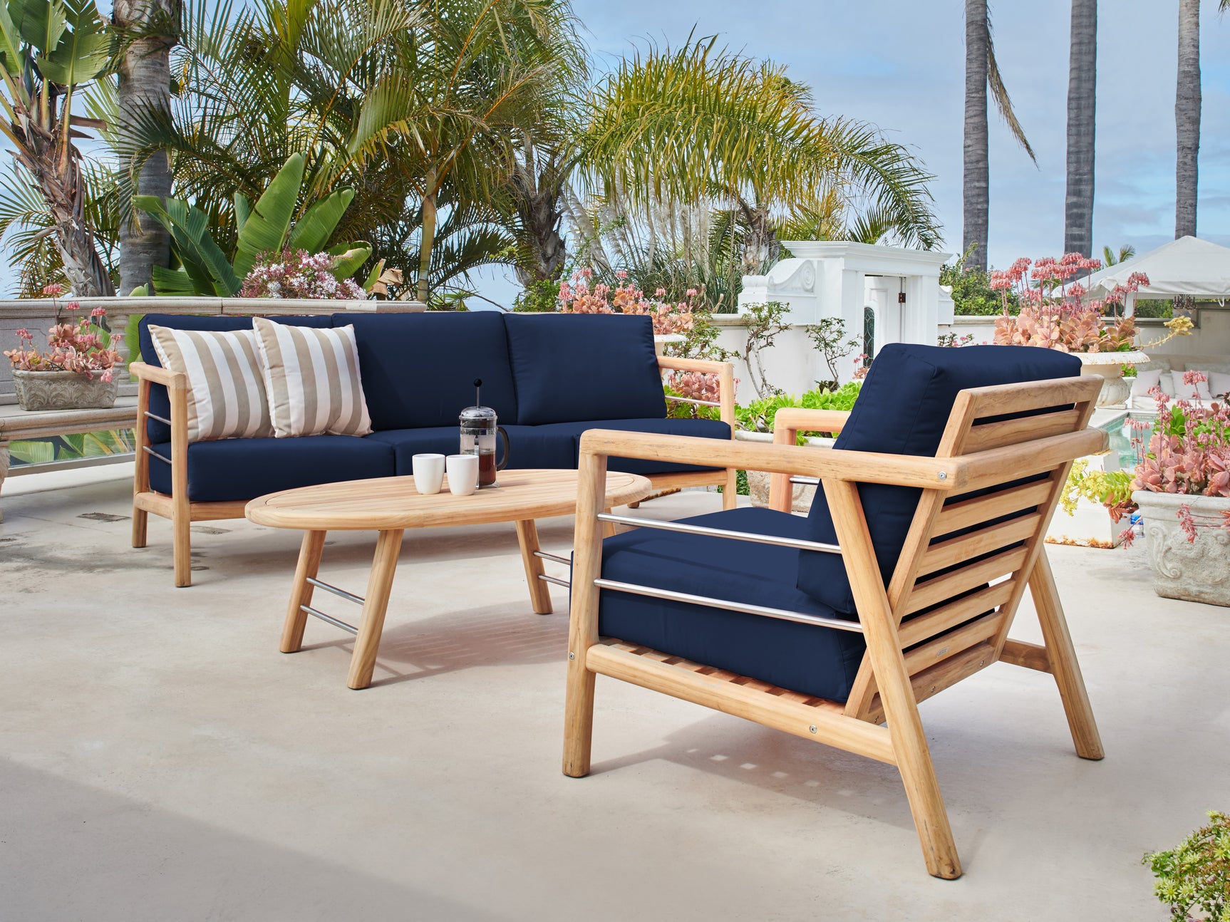 Aalto 4-Piece Teak Navy Outdoor Patio Deep Seating Set with Sunbrella® Cushion - Ornate Home
