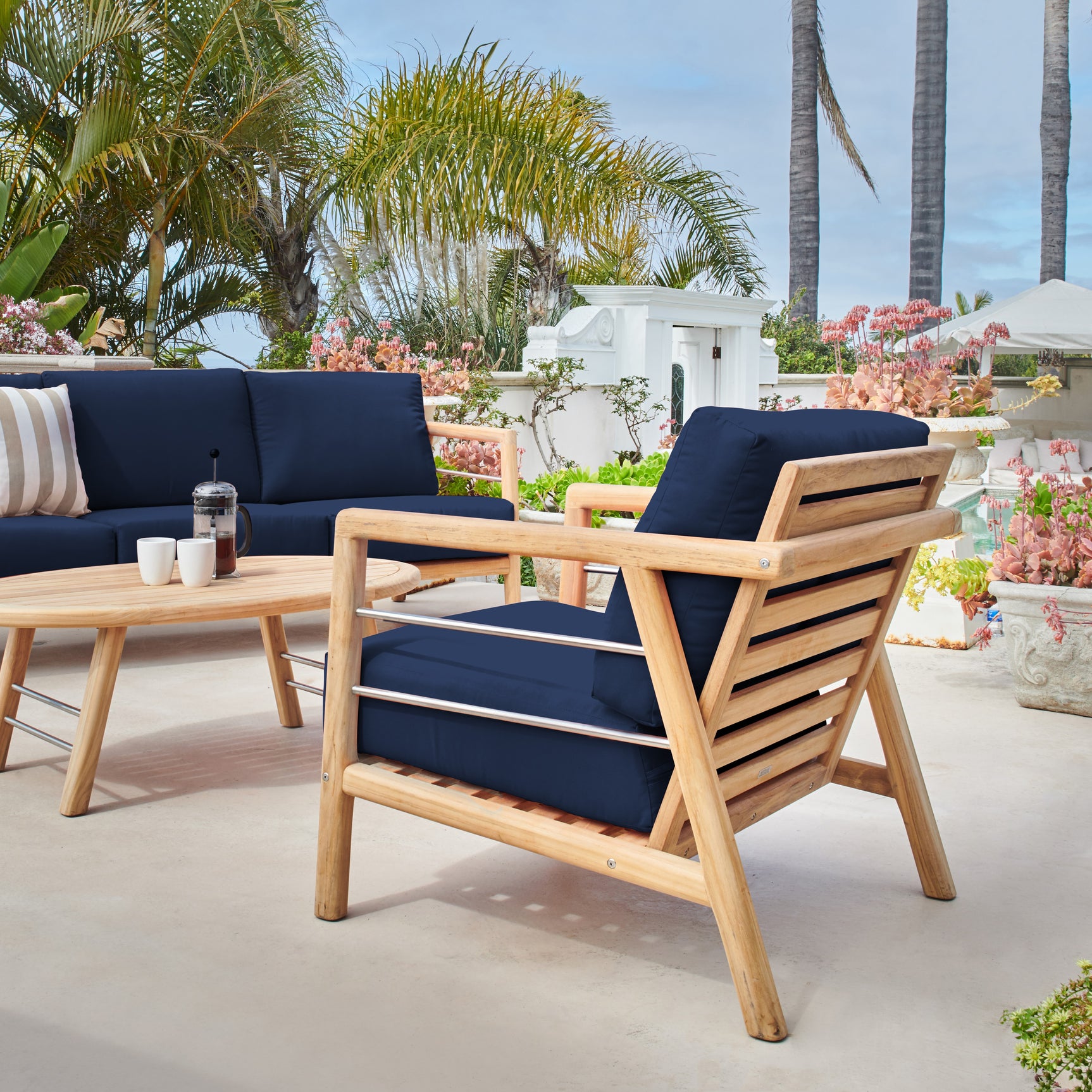 Aalto Teak Navy Outdoor Club Chair with Sunbrella® Cushion - Ornate Home
