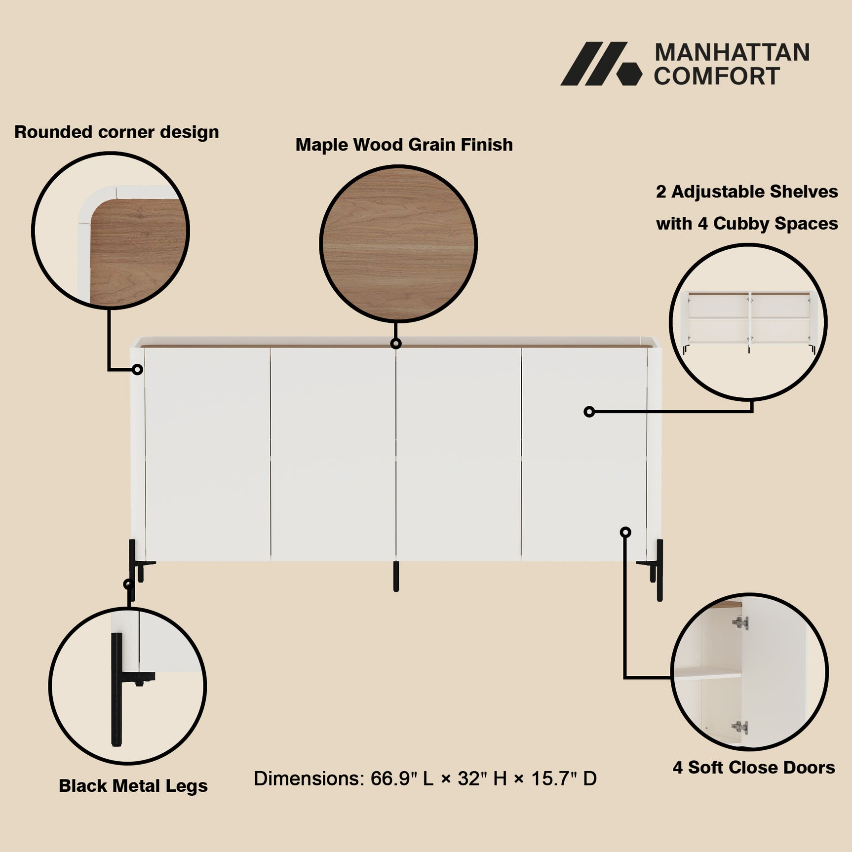 Abbey 66.9" Sideboard in Maple and Off White - Ornate Home