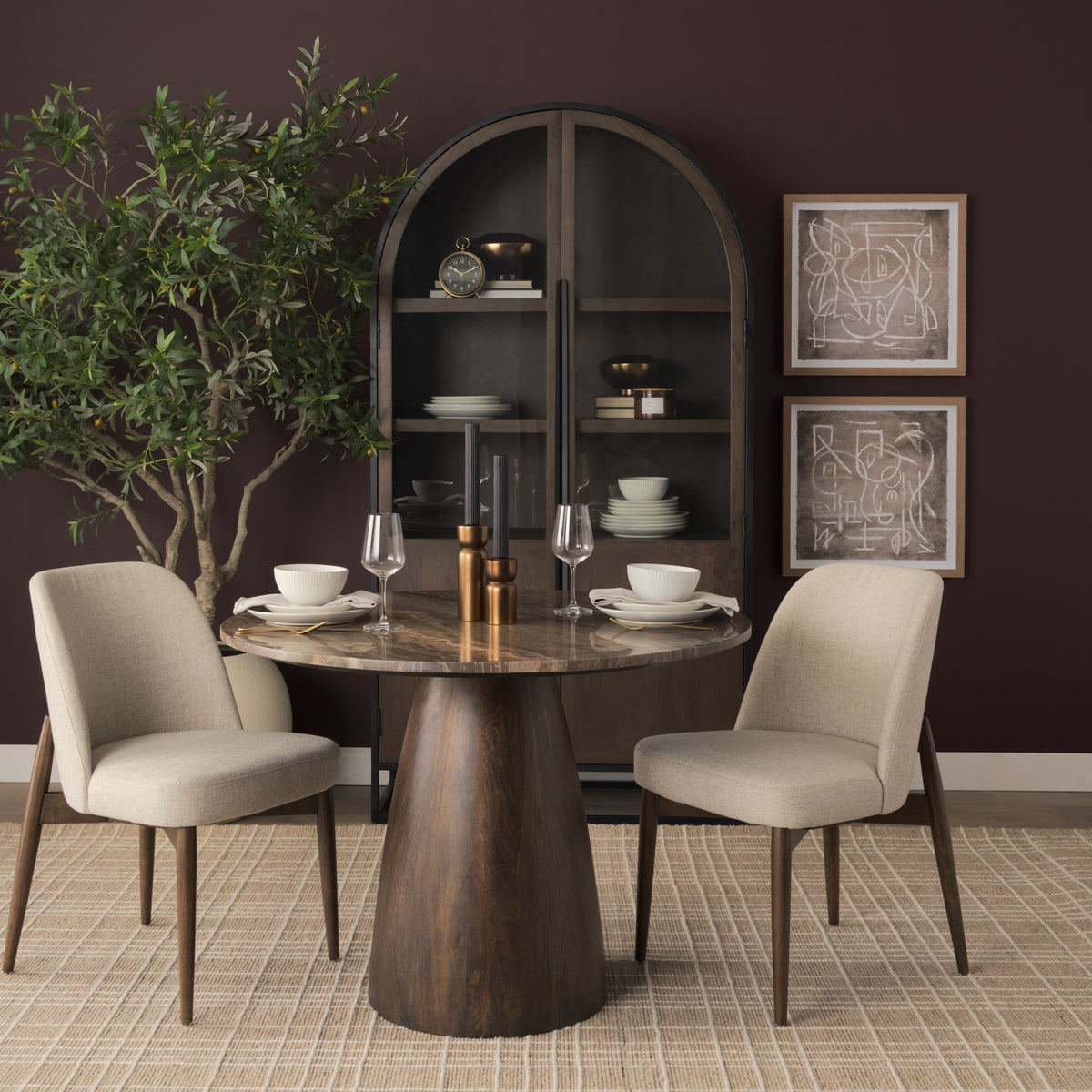 Abbie Oatmeal/Dark Brown Curved Back Dining Side Chair (Set of 2) - Ornate Home